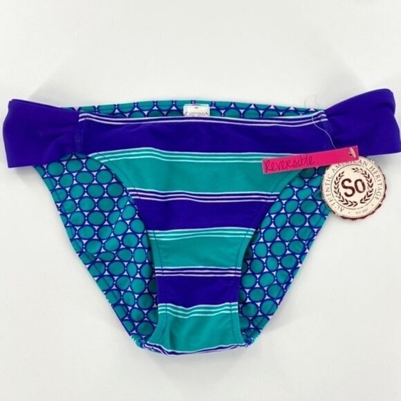 Reversible Swimsuit Bikini Bottoms Junior Sz M Blue Teal Striped Ruched SIdes - Picture 13 of 13